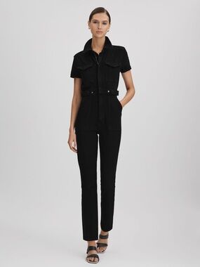 Good American Black Short-Sleeve Denim Jumpsuit